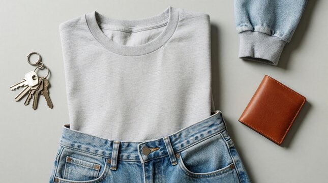 Flat lay of casual outfit with grey t-shirt, blue denim jeans. Brown leather wallet, metal keys, light blue sweatshirt lie on grey background. Menswear style set with basic clothing, daily