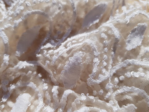 Light beige translucent fabric with a stencil plant print, on a light brown wooden background, in folds (macro, folds pattern, beige lace background, texture)