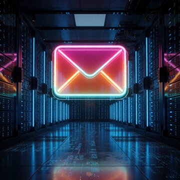 Glowing neon envelope floats in modern data center with rows of server racks. Digital communication symbol illuminates dark room with blue and pink lights.