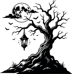 Fototapeta premium Spooky Halloween tree silhouette with full moon, eerie dead tree with hanging lantern, gothic night landscape vector