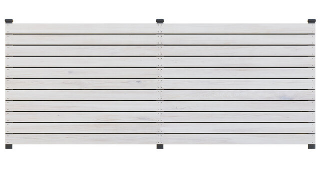 Isolated contemporary white composite slatted fence panel with dark post caps and base