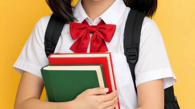 Schoolgirl in White Uniform and Red Bow Holding Books