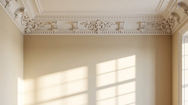 White ornate crown molding details adorn room ceiling cornice. Classical architectural embellishments add luxury to interior walls and ceiling edge. Sunlight streams through window.
