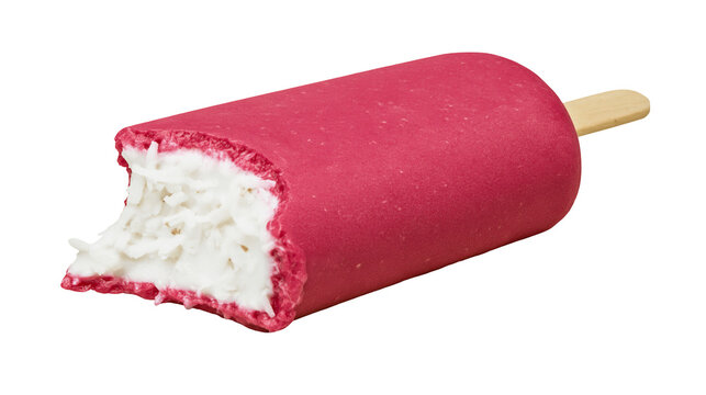 Isolated delicious bitten strawberry flavored ice cream bar revealing creamy white filling.