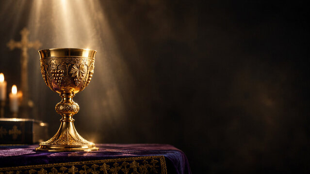 Eucharist sacrament background with holy chalice and crucifix, perfect for Catholic church flyers, Easter banners, and Lent religious media