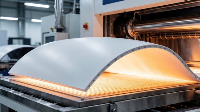Industrial thermoforming machine shapes laminated panel for kitchen appliance. Smooth white curved surface forms over heated mold in modern factory. Automated manufacturing process creates high