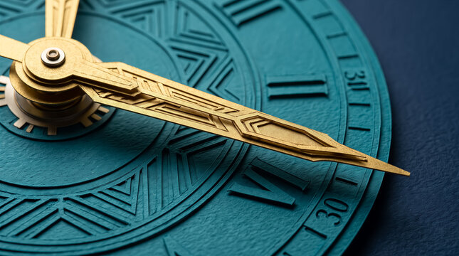 Close up of golden clock hands on a teal textured dial with roman numerals, elegant timepiece detail, luxury design. Time management, luxury, watchmaking, decoration.