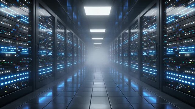 Futuristic Data Center Hallway with Blue Glowing Server Racks 4K Generative AI