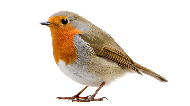 Isolated European robin bird, standing gracefully, vibrant orange chest, brown back and wings
