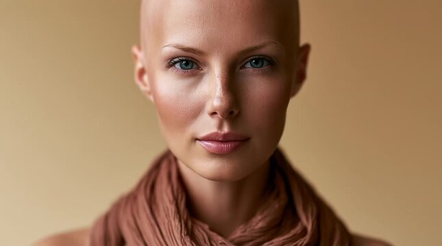 A striking close-up captures the Radiance of a Confident Smile, showcasing a bald woman who breaks into a warm smile, blinking and nodding gently against a soft, warm neutral background