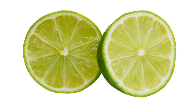 Isolated close-up of two fresh vibrant green lime halves, citrus fruit slices ready for use.