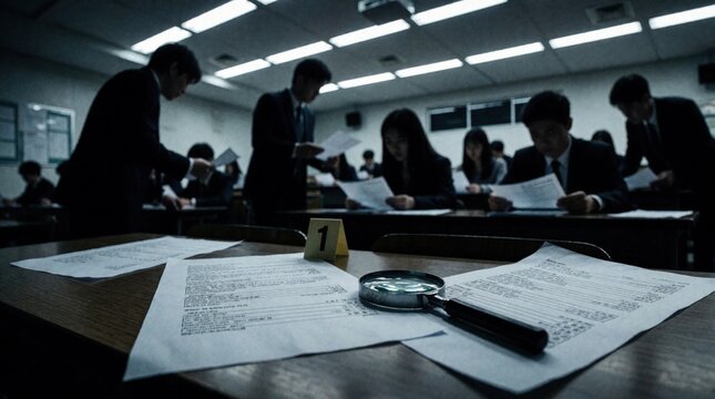 Students in suits review papers in a classroom during an investigation. A magnifying glass sits on documents on a desk, hinting at a cheating scandal and academic integrity issues.