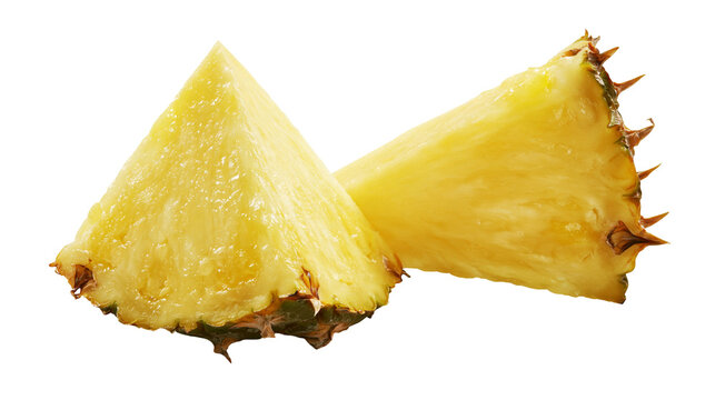 Isolated fresh ripe pineapple fruit slices, delicious tropical fruit pieces, sweet and juicy yellow dessert