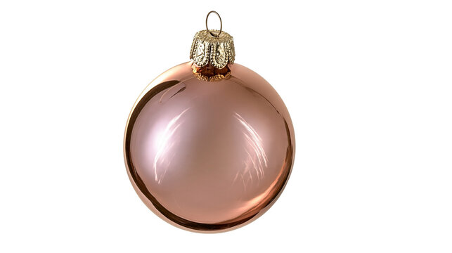 Isolated shiny rose gold metallic Christmas tree ornament bauble with an ornate gold cap.