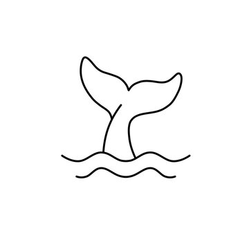 Whale tail diving into ocean waves vector line art illustration
