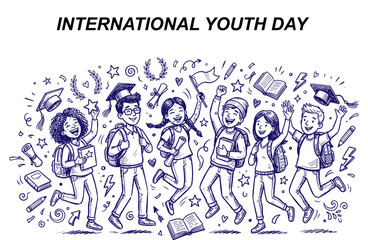 Obraz premium International youth day graphic with happy students jumping and celebrating youth education back to school academic success joyful youth learning
