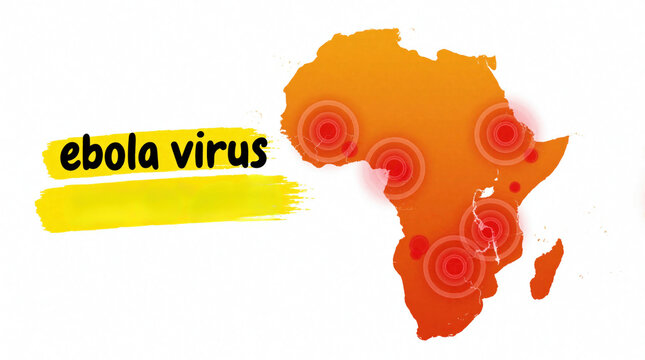 Africa map with red circles marks impact of ebola virus. Health crisis communication graphic on continent. Disease spread illustration for news.