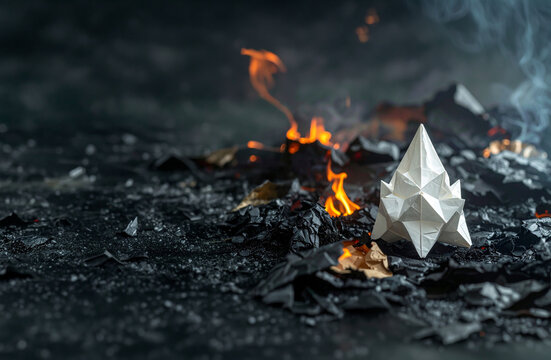 White geometric origami structure standing intact amidst dark burning ashes flames smoke background horizontal composition resilience concept solution recovery business risk destruction crisis strateg