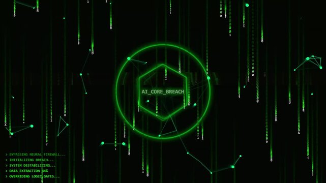 Futuristic cyber security ai core breach interface with green falling digital matrix code
