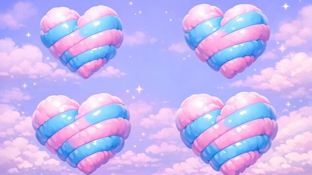 Pink and Blue Striped Heart Clouds in a Dreamy Pastel Sky