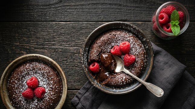 Decadent chocolate dessert bowls with raspberries and powdered sugar on dark wood.