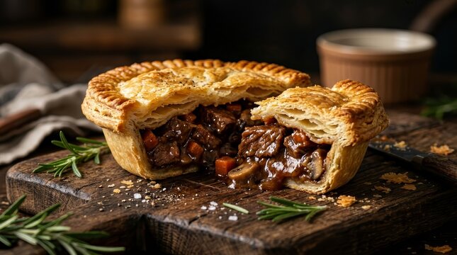 Delicious savory Australian meat pie featuring rich beef and vegetable gravy.