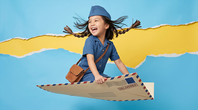 Happy young girl flying on a large envelope, blue uniform and cap, wind in hair, creative concept of mail delivery. Communication, logistics, childhood joy.