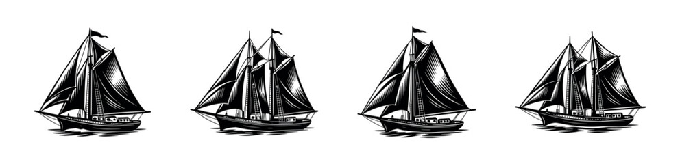 Nautical themed black and white sailing ship illustrations set silhouette art © Compositor 