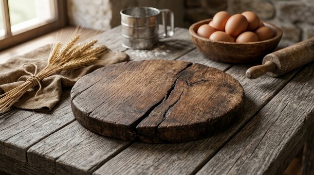 A circular dark wood cutting board placed on a weathered wooden surface for food preparation.
