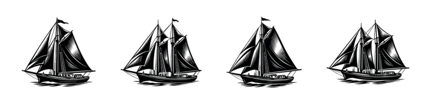 Nautical themed black and white sailing ship illustrations set silhouette art