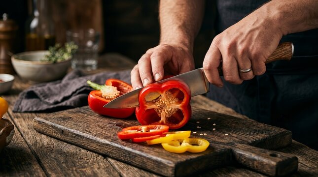 Close up of a chef slicing a vibrant red bell pepper with a big kitchen knife on wood.