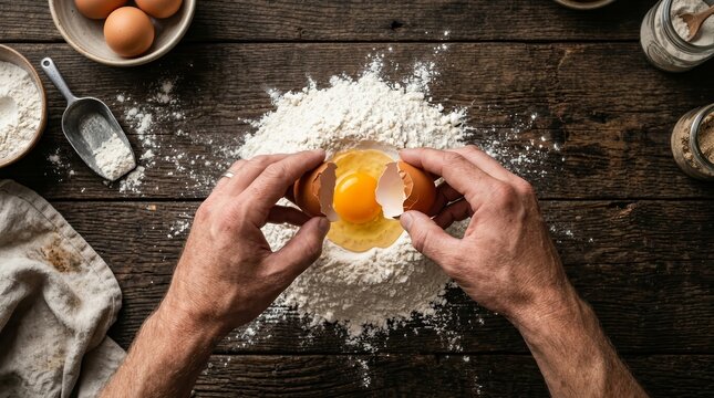 A close up view of man's hands adding an egg yolk to flour while baking.