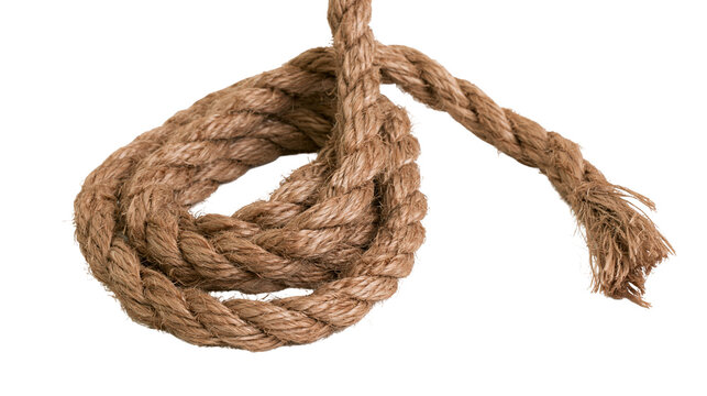 Isolated natural fiber rope coil with a frayed end, twisted texture, and rough surface