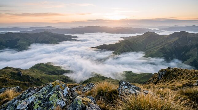Scenic view of rolling hills and mountains under a misty morning sky.