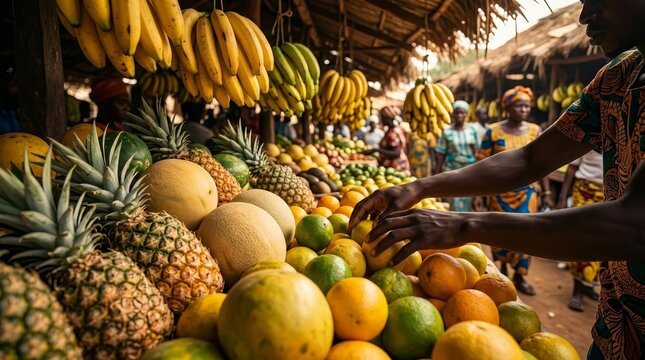 Abundance of fresh pineapples, bananas, and citrus in an African outdoor market.