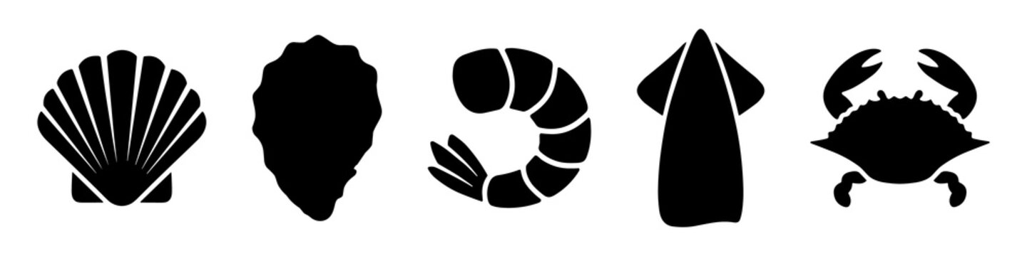Gourmet edible seafood and shellfish silhouette icons set, scallop shell, raw oyster in shell, curled shrimp prawn, squid calamari, and whole crab vector