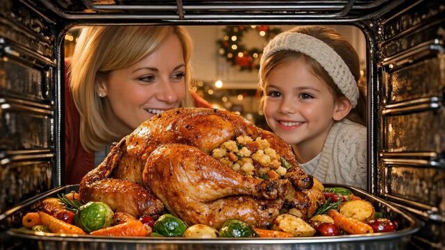 Smiling Mother and Daughter Looking at Roasted Turkey in Oven