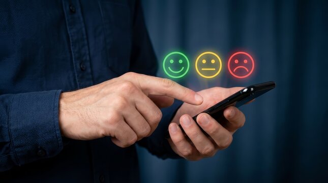 User experience evaluation concept showing happy, neutral, and sad smiley icons on a smartphone.