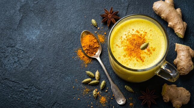Ingredients for cooking a yellow latte including turmeric, ginger, and star anise on black stone.