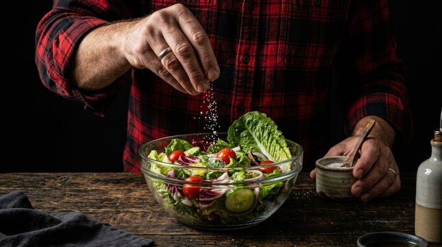Close up of a chef seasoning a healthy salad of fresh vegetables on a rustic wooden table.