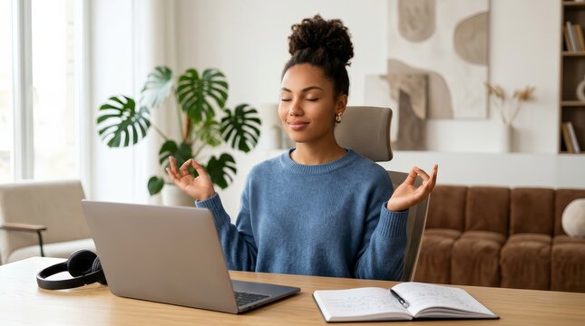 A peaceful African American businesswoman practicing mindfulness and meditation at a desk with a laptop.