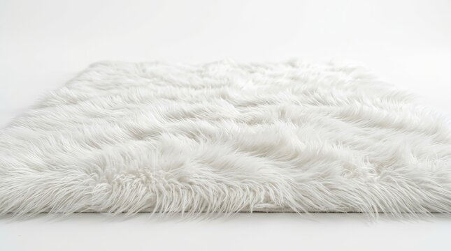 Soft white faux fur rug with long shaggy fibers on a plain background.