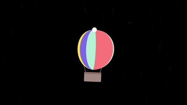 Flat design colorful hot air balloon animation flying through rain on black background