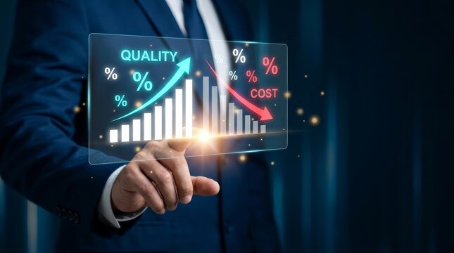 Business strategy concept illustrating cost reduction and quality improvement with digital data.