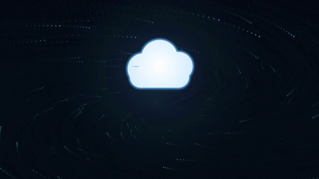 Glowing blue cloud computing icon with swirling digital particle light trails for data storage concepts
