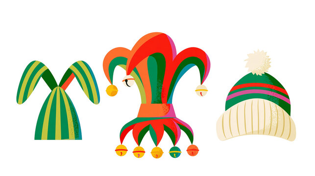 Isolated vibrant cartoon jester hat, playful striped winter beanie, and whimsical elf headwear