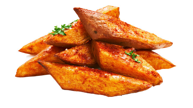 Isolated delicious baked sweet potato wedges seasoned with paprika and fresh parsley