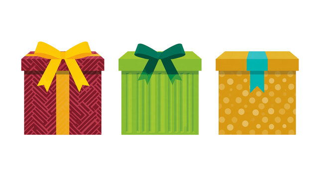 Isolated three vibrant gift boxes with elegant ribbons and bows celebrating special occasions