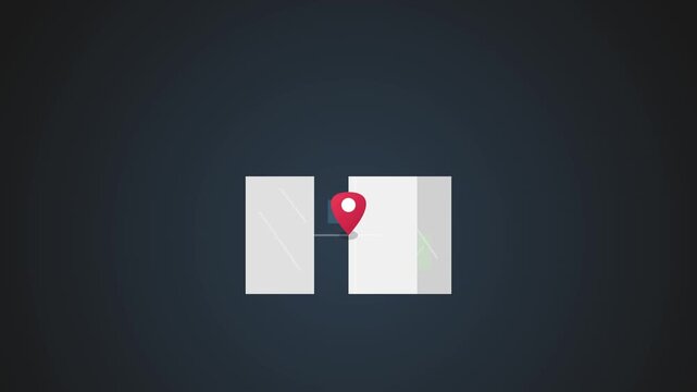 Minimalist digital animation of a red map pin icon on a folded paper map
