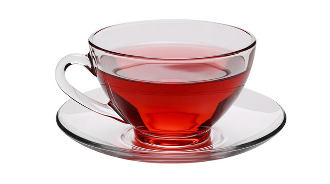 Isolated clear glass teacup with vibrant red fruit tea on matching saucer, refreshing drink.